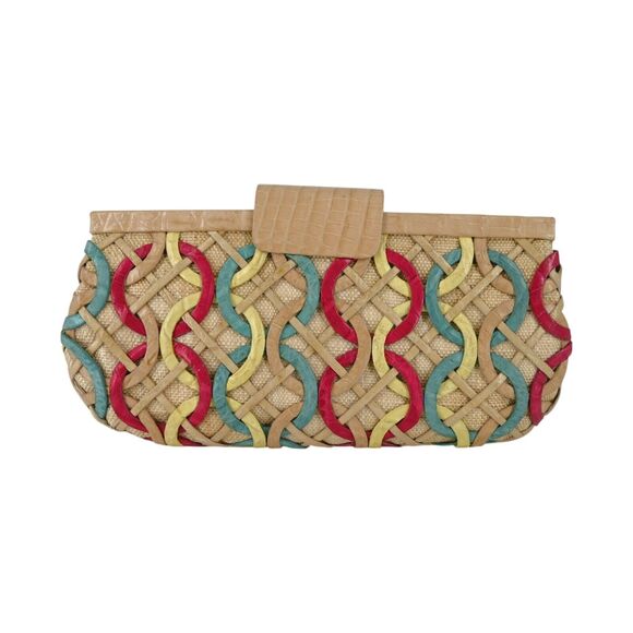NANCY GONZALEZ Multicolored Crocodile & Raffia Clutch